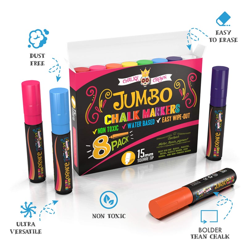 CHALKY CROWN Markers الطباشير السائل العملاقة - علامات الطباشير الجريئة للسبورات، علامة النوافذ، أقلام الطباشير للإشارات، السبورة، الزجاج - طرف مربع قابل للعكس (15 مم، 8 عبوات) - Image 3